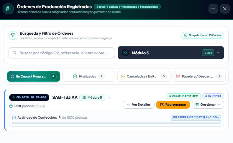 Órdenes de Producción en Ejecución en Enhebra OS
